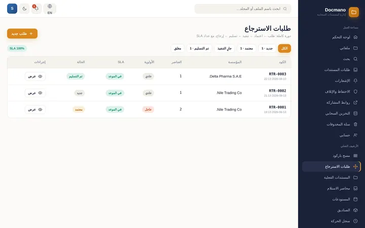 Docmano: طلبات الاسترجاع